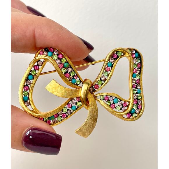 VtG 60s Signed KRAMER Bow Brooch MultiColor Glass Rhinestone Mid Century 2.25” - Picture 4 of 8